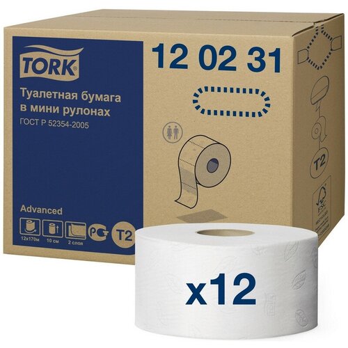 Туалетная бумага в мини-рулонах Tork T2 170 м, 12 рулонов бумага туалетная 170 м комплект 60 шт tork система т2 advanced 2 слойная белая 120231