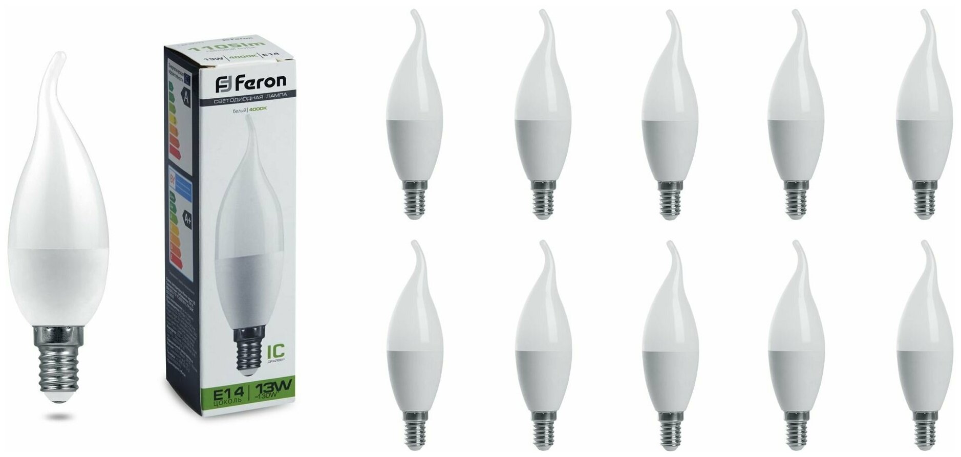 Лампочка светодиодная Feron 13W 230V E14 Свеча на ветру 1105Лм 4000К, упаковка 10шт.