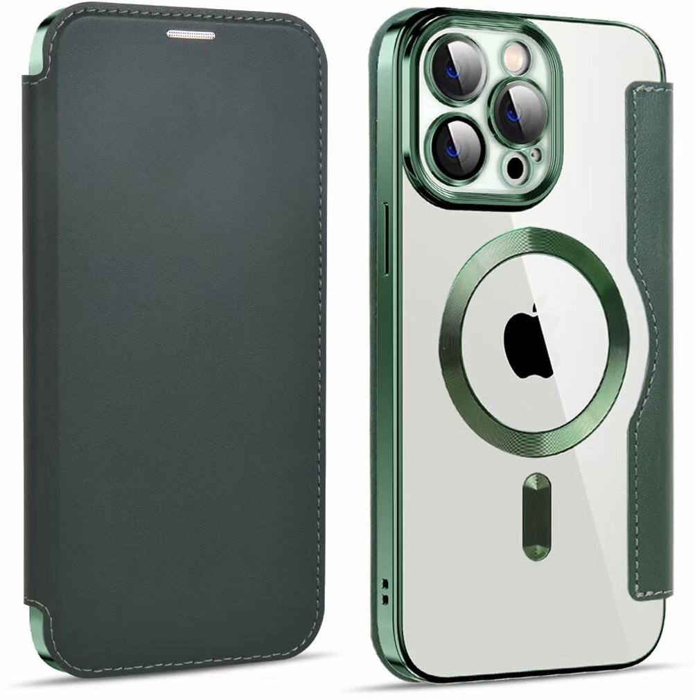 Чехол-книжка Mocome Magnetic для iPhone 14 pro (айфон 14 про) с MagSafe (магсейф) искусcтвенная кожа зеленый