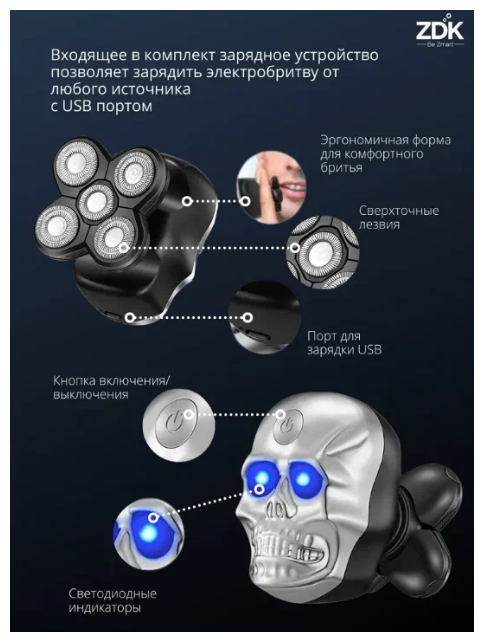 Машинка для бритья головы ZDK LK9800 "Череп" серебристый, 6 насадок - фотография № 5