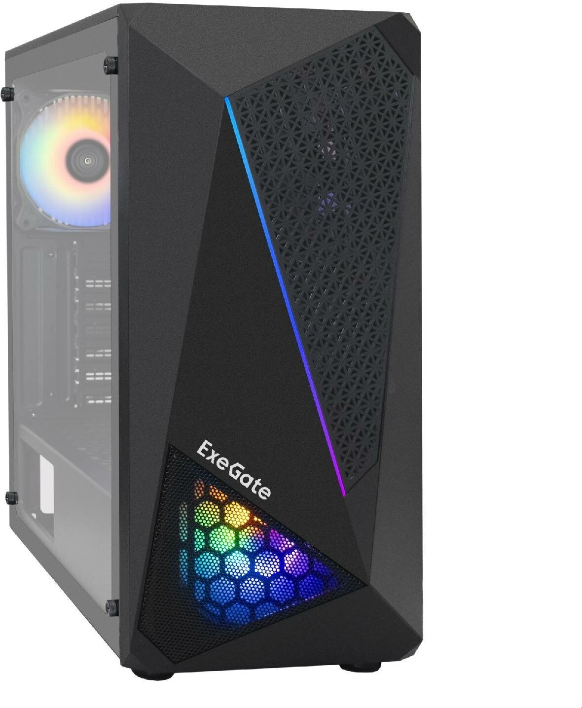 Корпус системного блока EXEGATE Miditower EVO-8225 (ATX без БП 2*USB+1*USB30 черный 2 вент с RGB подсветкой и полоса на передней панел