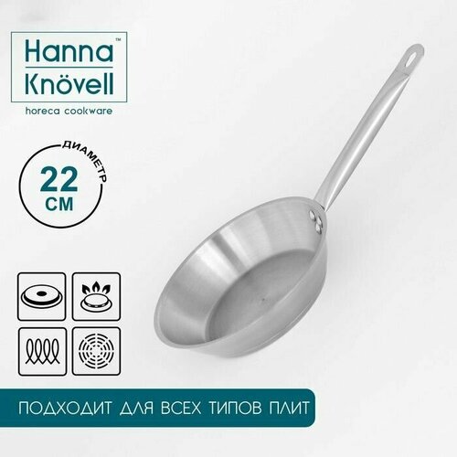 Сковорода из нержавеющей стали Hanna Knovell, диаметр22 см, высота5,5 см, толщина стенки 0,6 мм, длина ручки 21,5 см, индукция