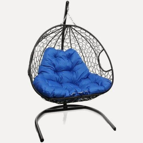 Изображение товара Подвесное кресло кокон двухместное M-group для двоих с ротангом чёрное+синяя подушка