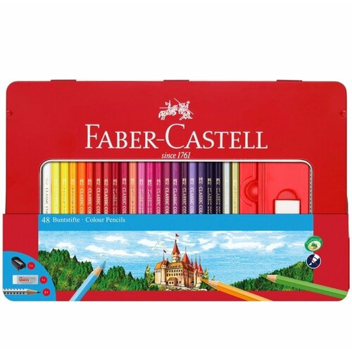 Карандаши цветные 48 цветов Faber-Castell (6гр, с точилкой и ластиком) метал. коробка (115888)