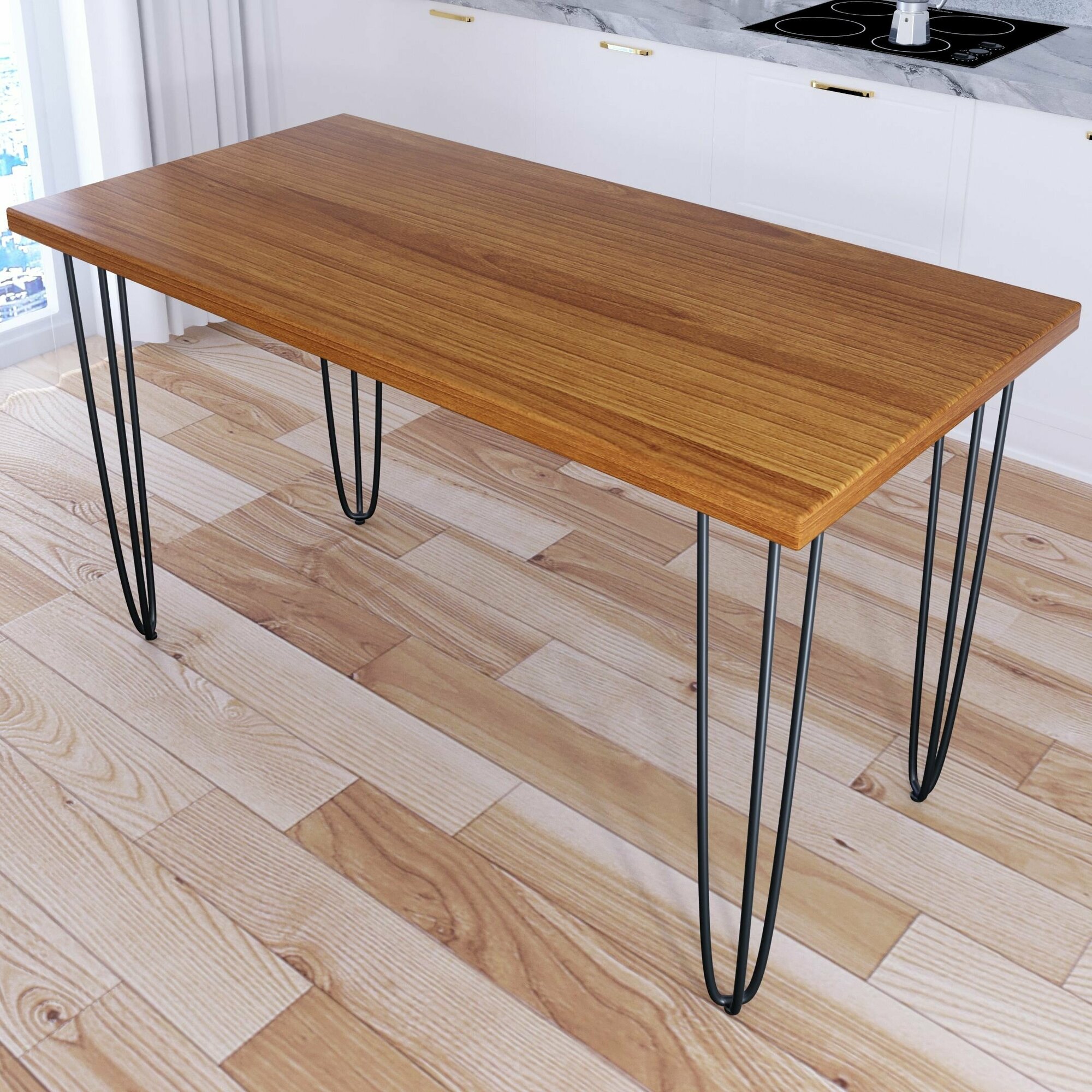 Стол кухонный Loft со столешницей цвета ольхи из массива сосны 40 мм на черных металлических ножках-шпильках 140х75х75 см