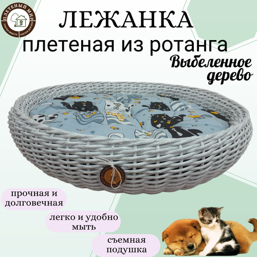 Лежанка для животных с двусторонней подушкой 60см Выбеленное дерево, для кошки, для собаки, плетеная из полиротанга