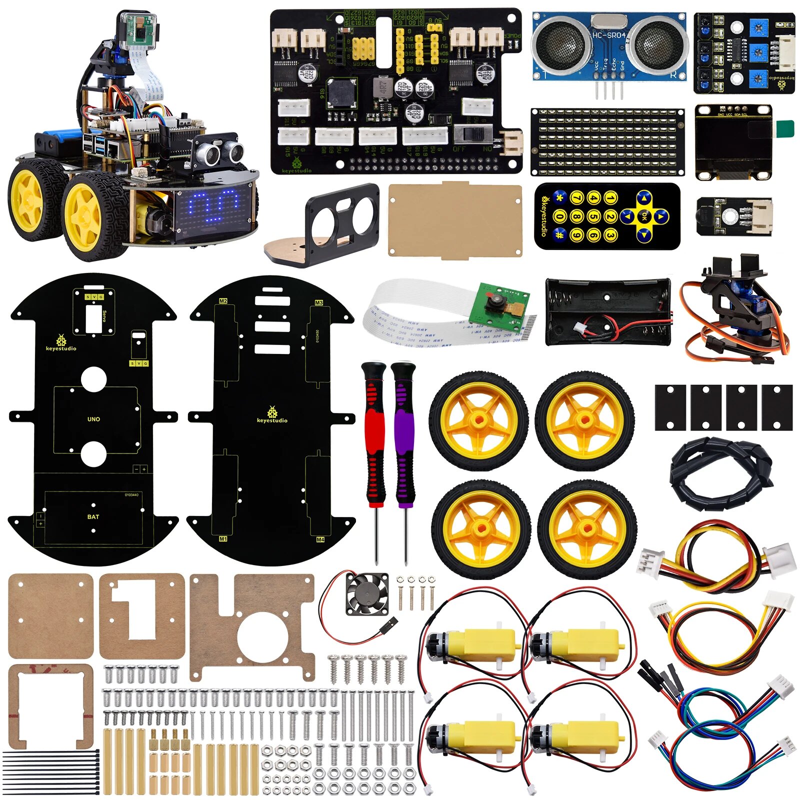 Умный автомобильный комплект Keyestudio 4WD для Raspberry Pi, ультразвуковое решение, Поддержка программирования питона, «сделай сам», для Raspberry Pi, No RPI Pi Board