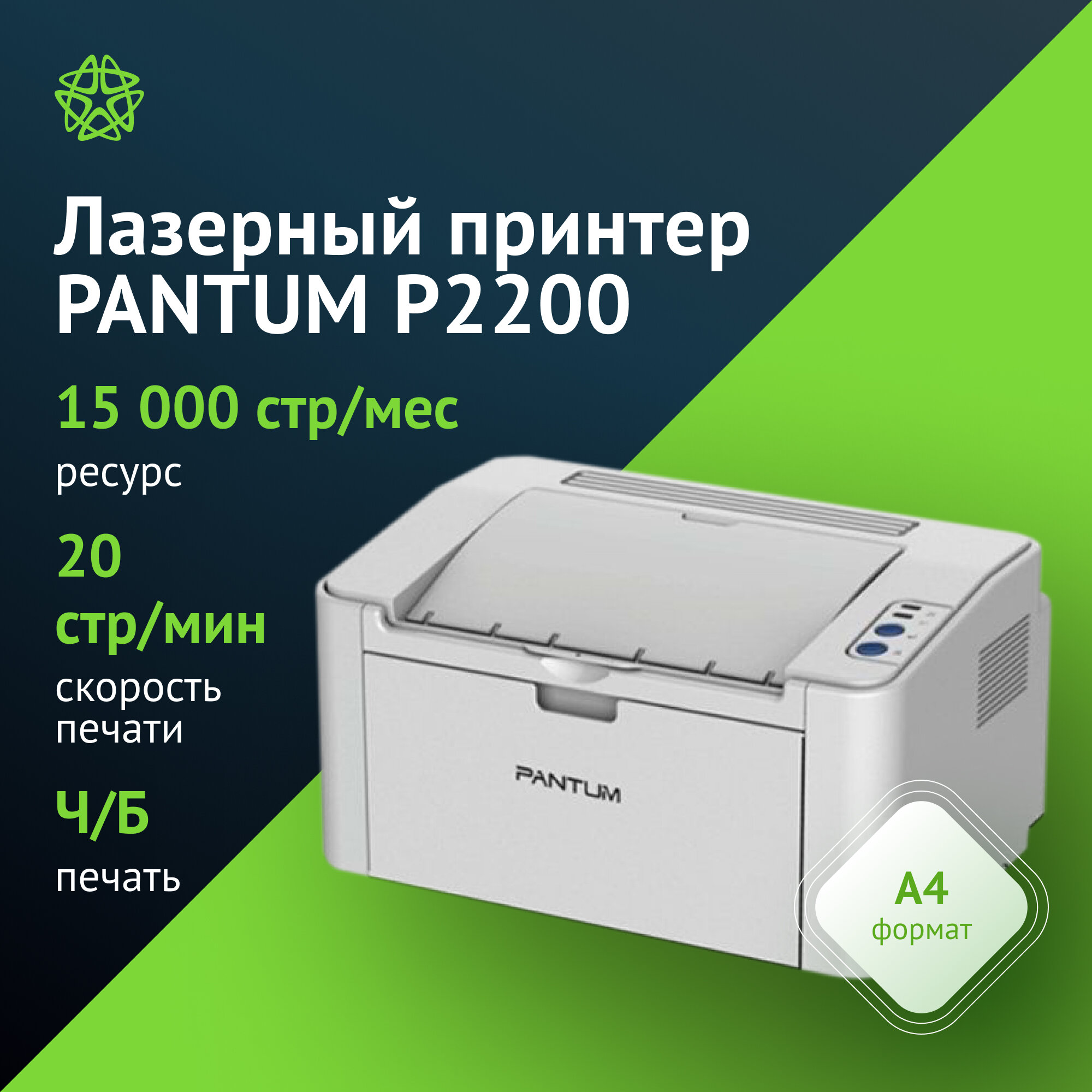 Принтер лазерный Pantum P2200 серый, тип печати: черно-белый, формат A4, скорость ч/б печати А4 до 20стр/мин