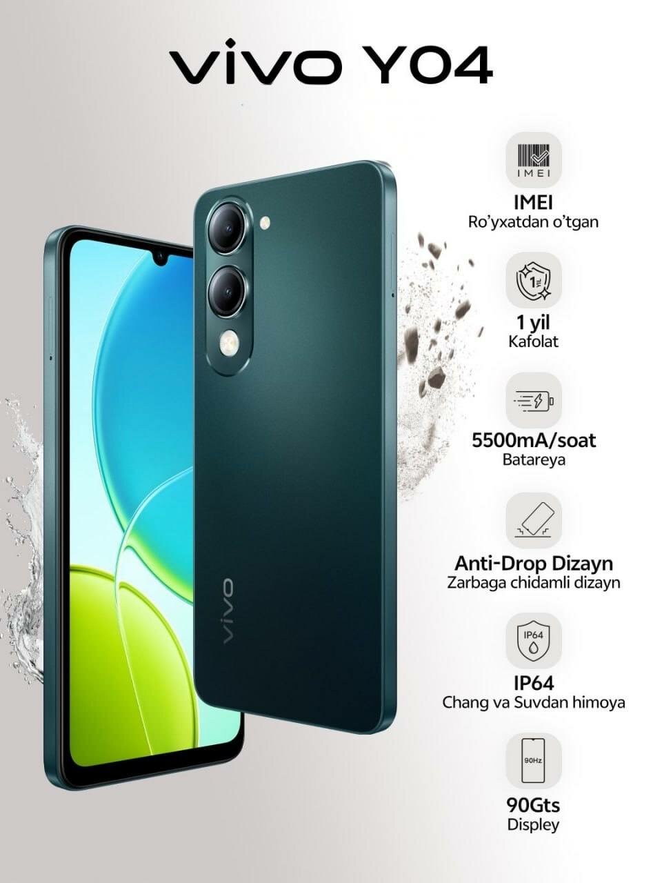 Смартфон Vivo Y04 4/128ГБ , диагональ экрана 6,74", аккумулятором емкостью 5500 мАч, Green