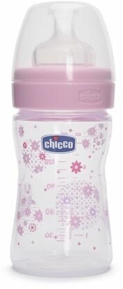 Chicco Бутылочка с соской из силикона Well-Being, 150 мл boy/girl, с рождения, розовый