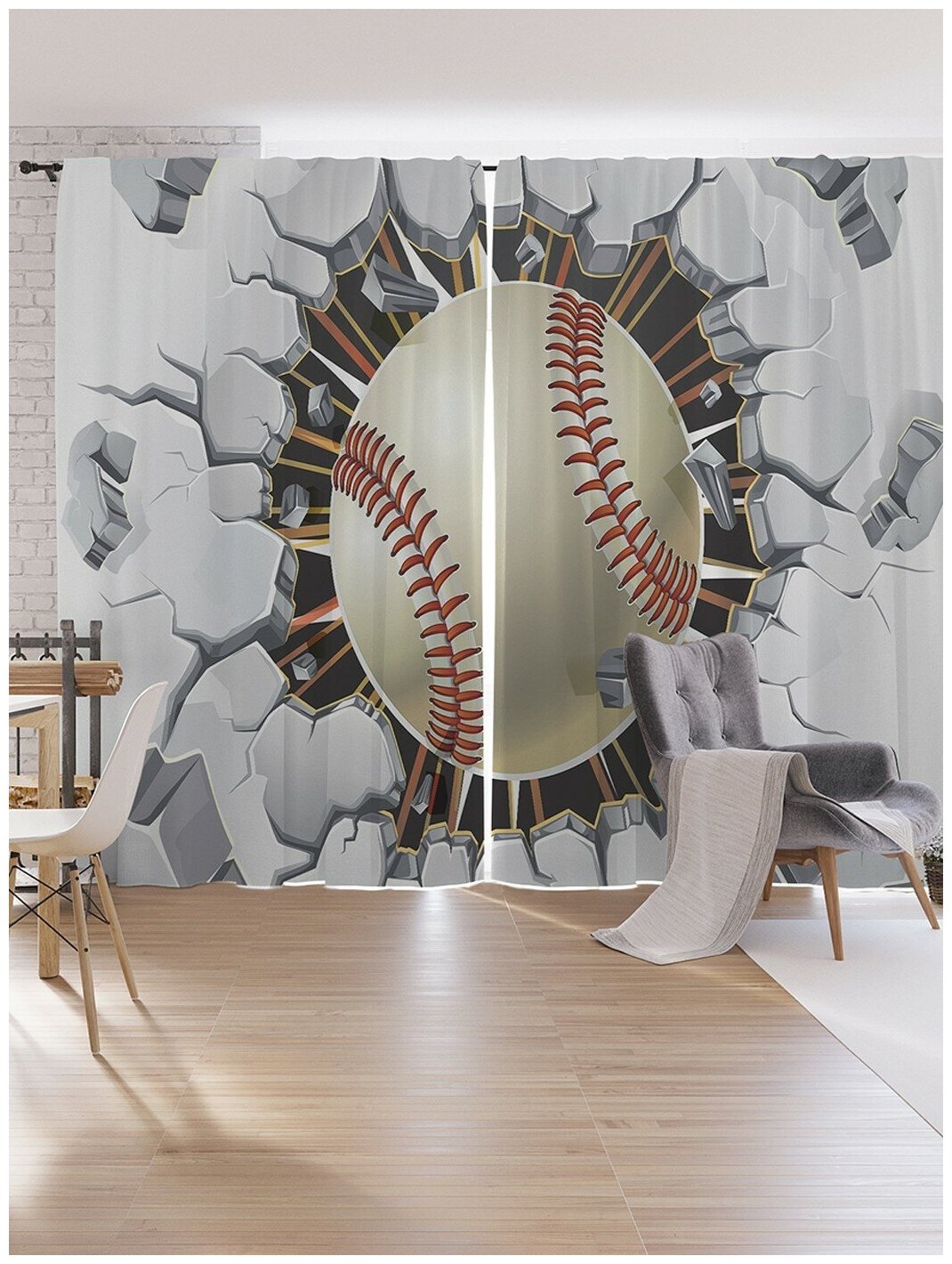 Шторы под лён JoyArty "Разрушительный бейсбол", серия Oxford DeLux, 340х265 см