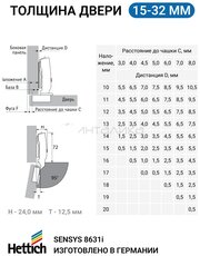 Комплект накладных петель для толстых фасадов 15-32мм HETTICH SENSYS 8631i с доводчиком 95 градусов.