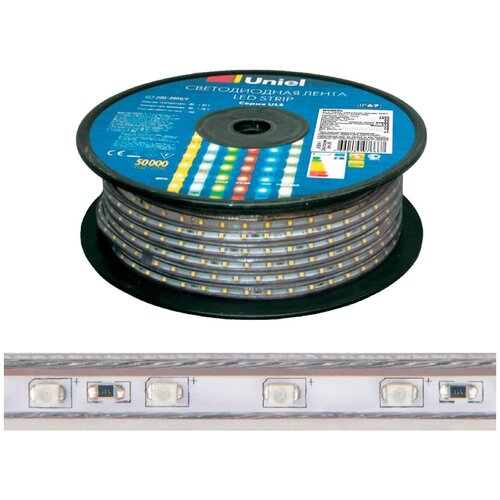 Светодиодная лента UNIEL ULS-2835-120LED/m-10mm-IP67-220V-10W/m-50M-4000K Бобина 50 м. Белый свет (4000K). TM .