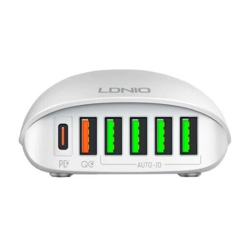 Сетевое зарядное устройство LDNIO A6573C 65W, 5xUSB, 1xType-C (white)