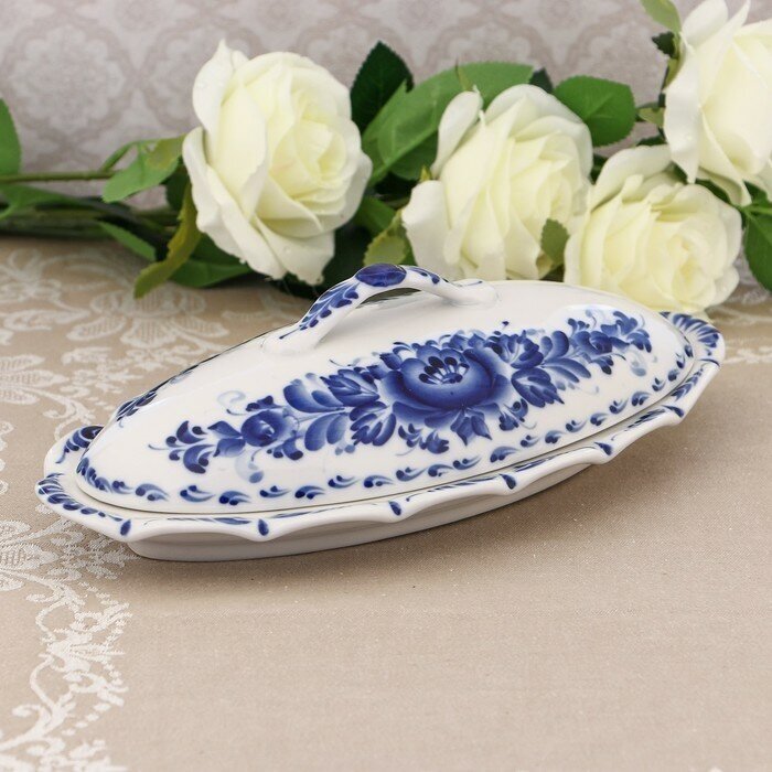 Селёдочница с крышкой «Семейная», 28.5×14.5×9 см, фарфор, гжель