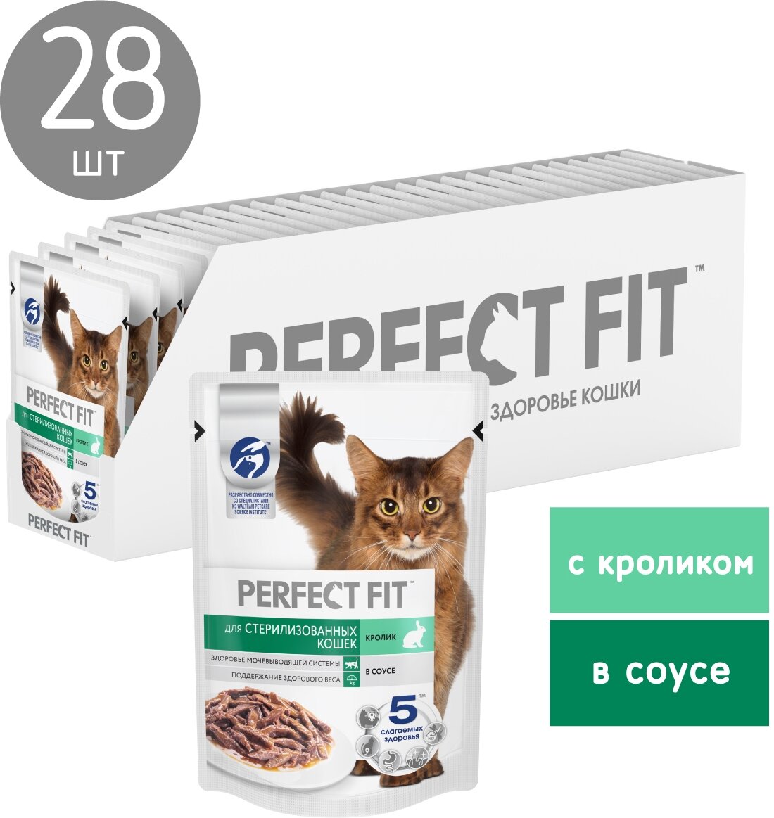 Perfect Fit пауч для взрослых стерилизованных кошек (кусочки в соусе) Кролик, 75 г. упаковка 28 шт