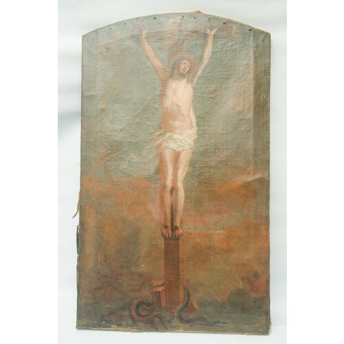 Музейный экземпляр. Антикварное религиозное полотно "Распятие Иисуса Христа", масло на холсте. Франция, 17 век.