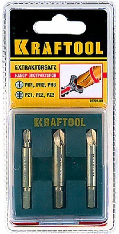 Набор экстракторов KRAFTOOL для выкручивания крепежа с износом граней шлица до 95%. PH1/PZ1, PH2/PZ2, PH3/PZ3,3 предмета