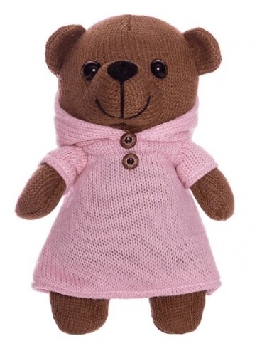 Мягкая игрушка ABtoys Мишка девочка вязаная в розовом платьице, 22 см, коричневый/розовый