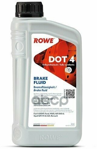 Жидкость Тормозная Rowe 1Л Dot 4 Hightec Brake Fluid (Синтетическая +260°С) ROWE арт. 25101-0010-99