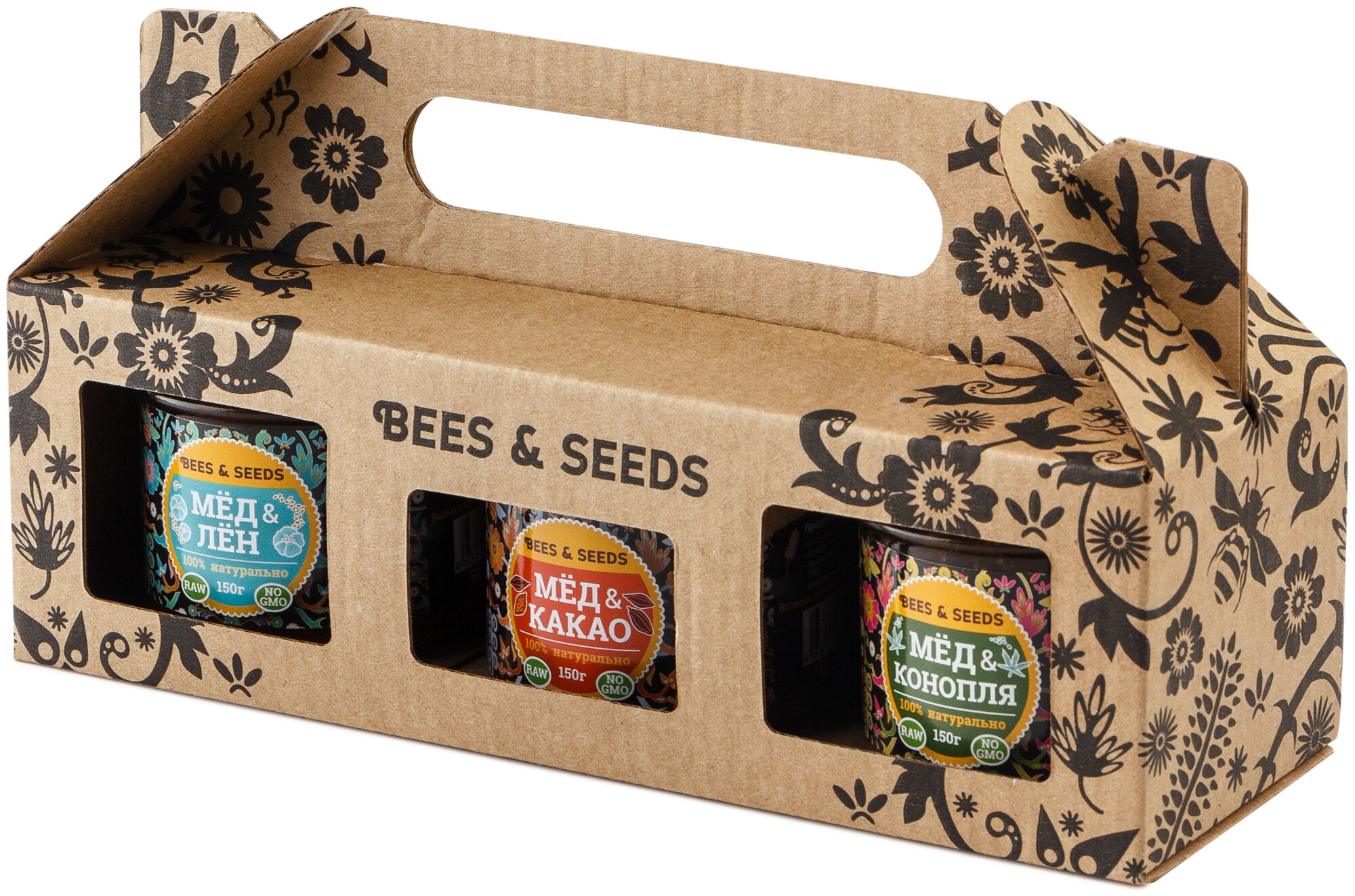 Подарочный набор медовых урбечей Bees & Seeds "Пчелы и семена" 3 х 150 г (лён, какао, конопля) - фотография № 2