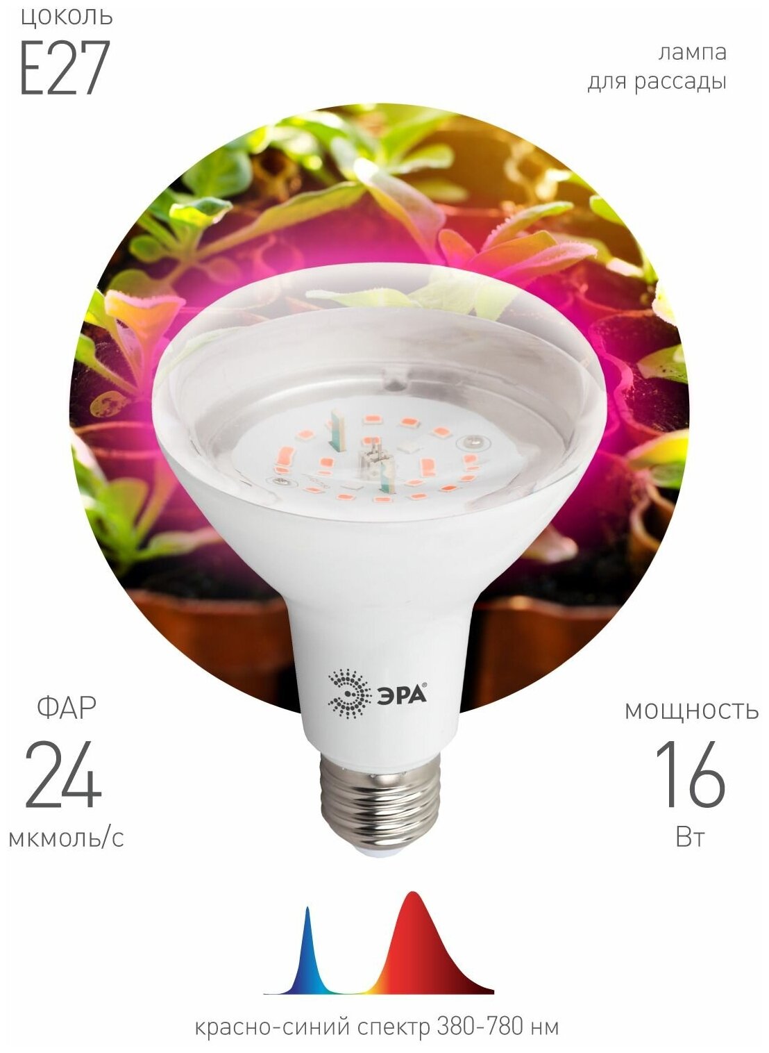 Лампа для растений 16W E27, гриб, красно-синий спектр, фиолетовый свет свечения (10 шт.) - фотография № 2