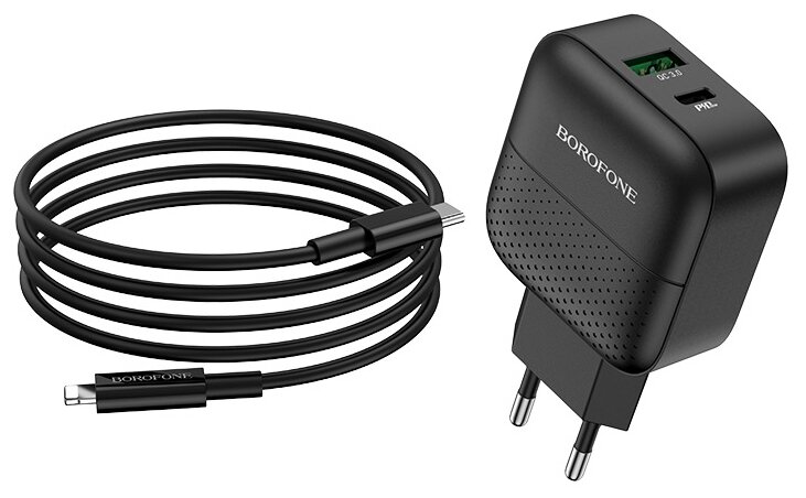 Блок питания сетевой USB, Type-C Borofone BA46A, Premium, пластик, PD3.0, QC3.0, QC2.0, кабель Apple 8 pin, цвет чёрный