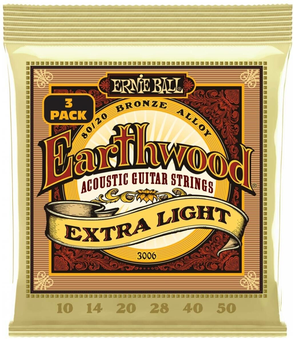 ERNIE BALL 3006 Earthwood 80/20 Bronze Extra Light 3 Pack 10-50 - Струны для акустической гитары