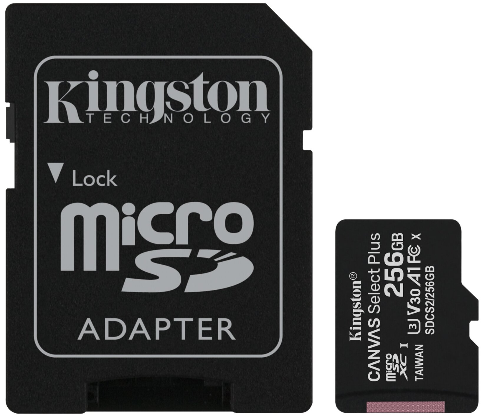 Карта памяти 256Gb - Kingston Canvas Select Plus Micro Secure Digital XC UHS-I Class U3 V30 A1 SDCS2/256GB с переходником под SD (Оригинальная!)