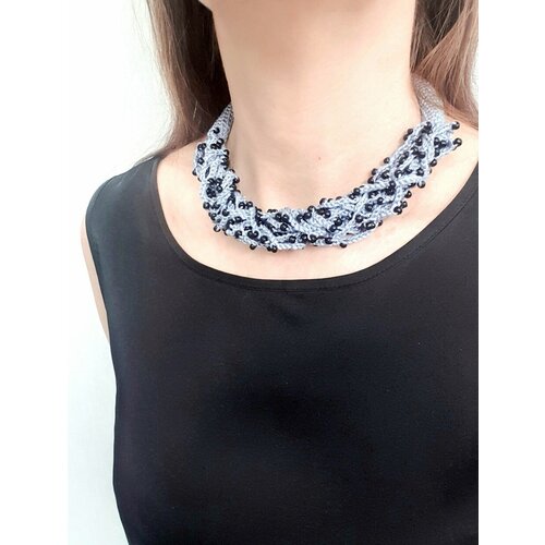 Колье, бисер, длина 43 см, черный, серый