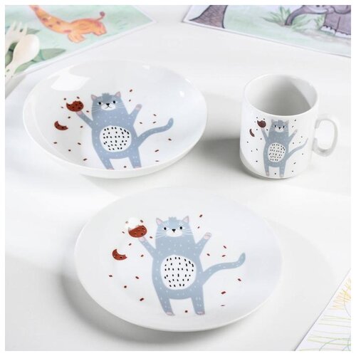 фото Набор посуды 3 предмета "кошка в крошках": кружка, тарелка, тарелка глуб. 5296704 сима-ленд