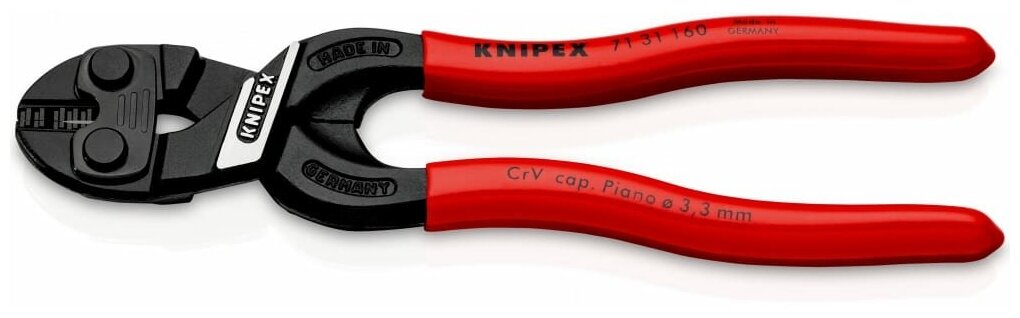 KNIPEX CoBolt® S болторез компактный с выемкой на кромках для реза толстой проволоки 160 мм рез: мягкая проволока d 5.3 мм проволока средней твёрдости d 4.8 мм твёрдая проволока d 3.6 мм рояльная струна (HRC 59) d 3.3 мм чёрный 1К ручки