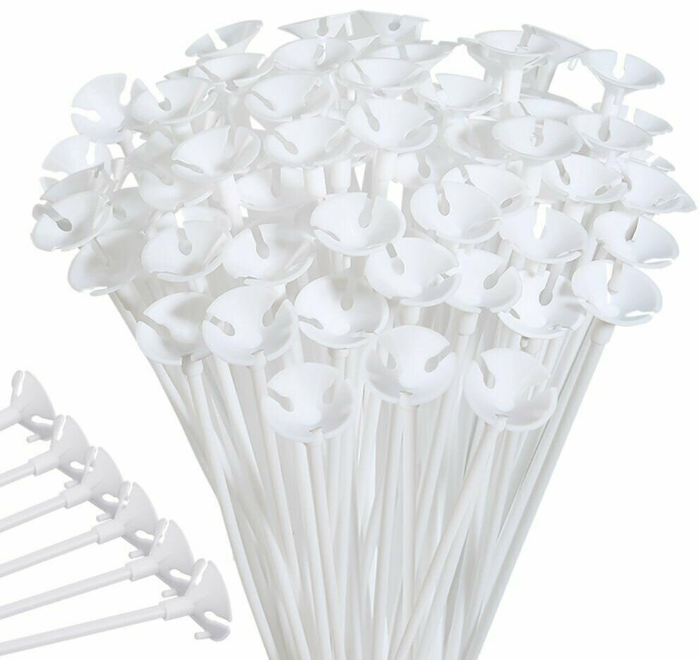 Палочки для воздушных шаров с насадкой "белые" 100 шт. 37 см.