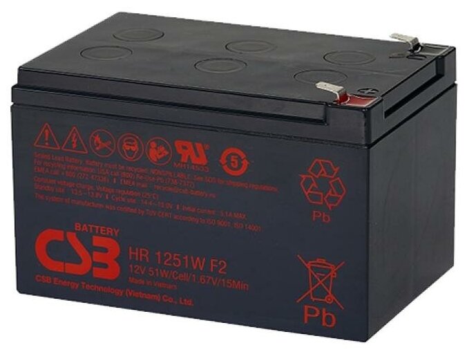 Аккумулятор CSB HR-1251W (12В, 13Ач, 51Вт/Эл / 12V, 13Ah, 51W / вывод F2)