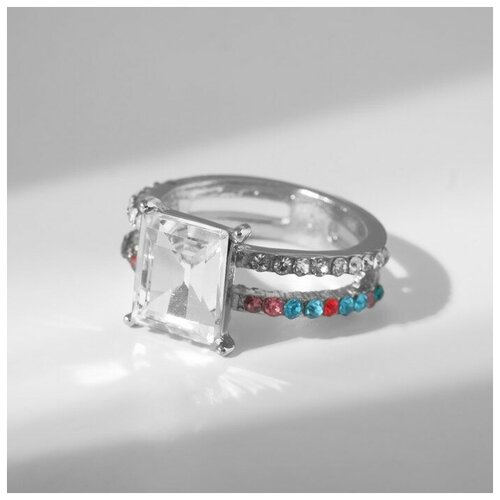 кольцо женское с камнями драгоценность две линии цветное с серебристым 18 мм 1 шт Кольцо, размер 17, белый