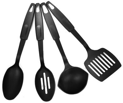 Кухонный набор для тефлоновой посуды пластмассовый 4 предмета: ложка - 2 штуки, лопатка, половник, пластмассовая ручка (Китай) - фотография № 1