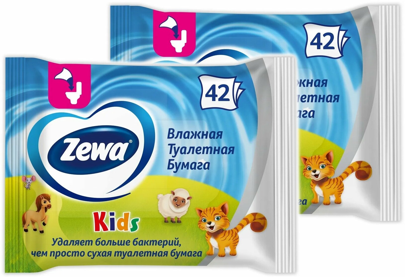 Влажная туалетная бумага Зева Zewa Kids детская, 42 шт * 2 упаковки