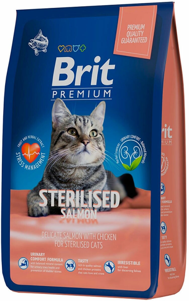 BRIT PREMIUM CAT STERILISED SALMON & CHICKEN для взрослых кастрированных котов и стерилизованных кошек с курицей (8 кг)