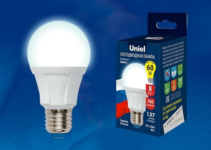 Uniel Лампа светодиодная (UL-00002003) Uniel E27 8W 6500K матовая LED-A60 8W/DW/E27/FR PLP01WH