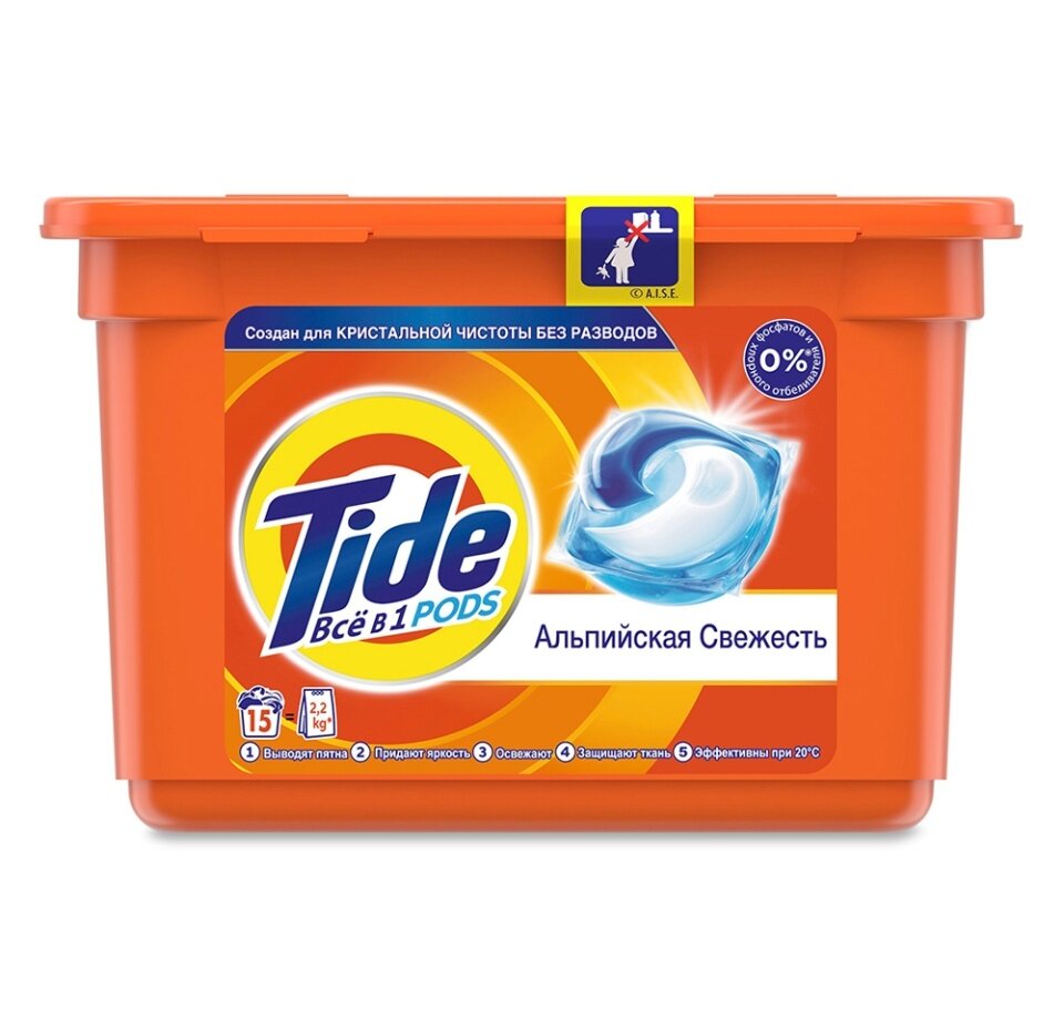 Капсулы для стирки «Альпийская свежесть» 3 в 1, Tide, 15 шт, Франция