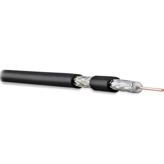 Кабель коаксиальный Hyperline RG-6, 75 Ом (ТВ, SAT, CATV), жила - 18 AWG (1.02 mm, омедненная сталь), общий диаметр 6.9мм, PVC, черный, COAX-RG6-100