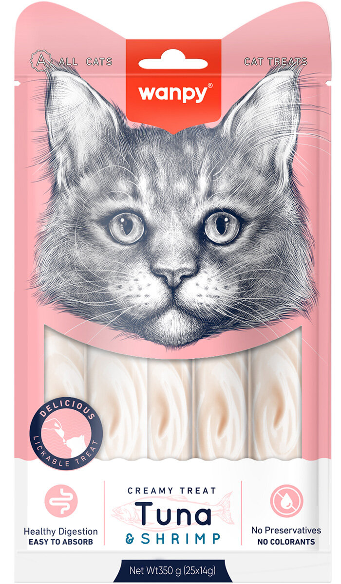 Фотографии Лакомство WANPY CAT для кошек, нежное пюре с тунцом и креветками, 14 гр х 25 шт