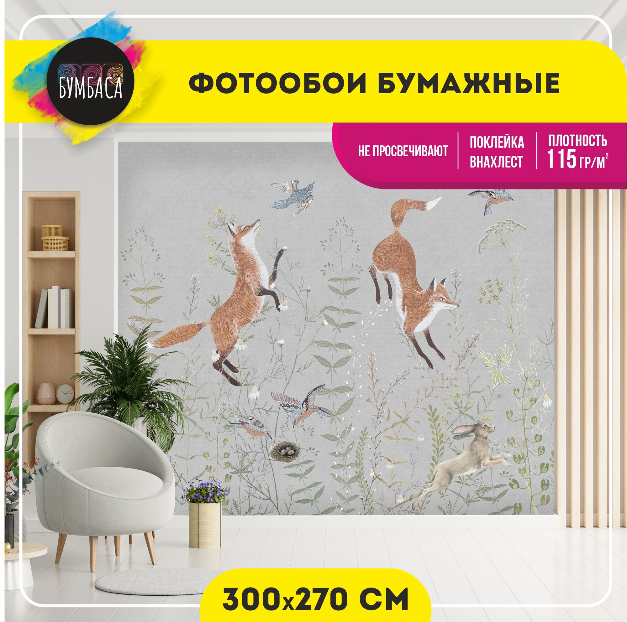 Фотообои Лисы на полянке. Серые 300х270 см