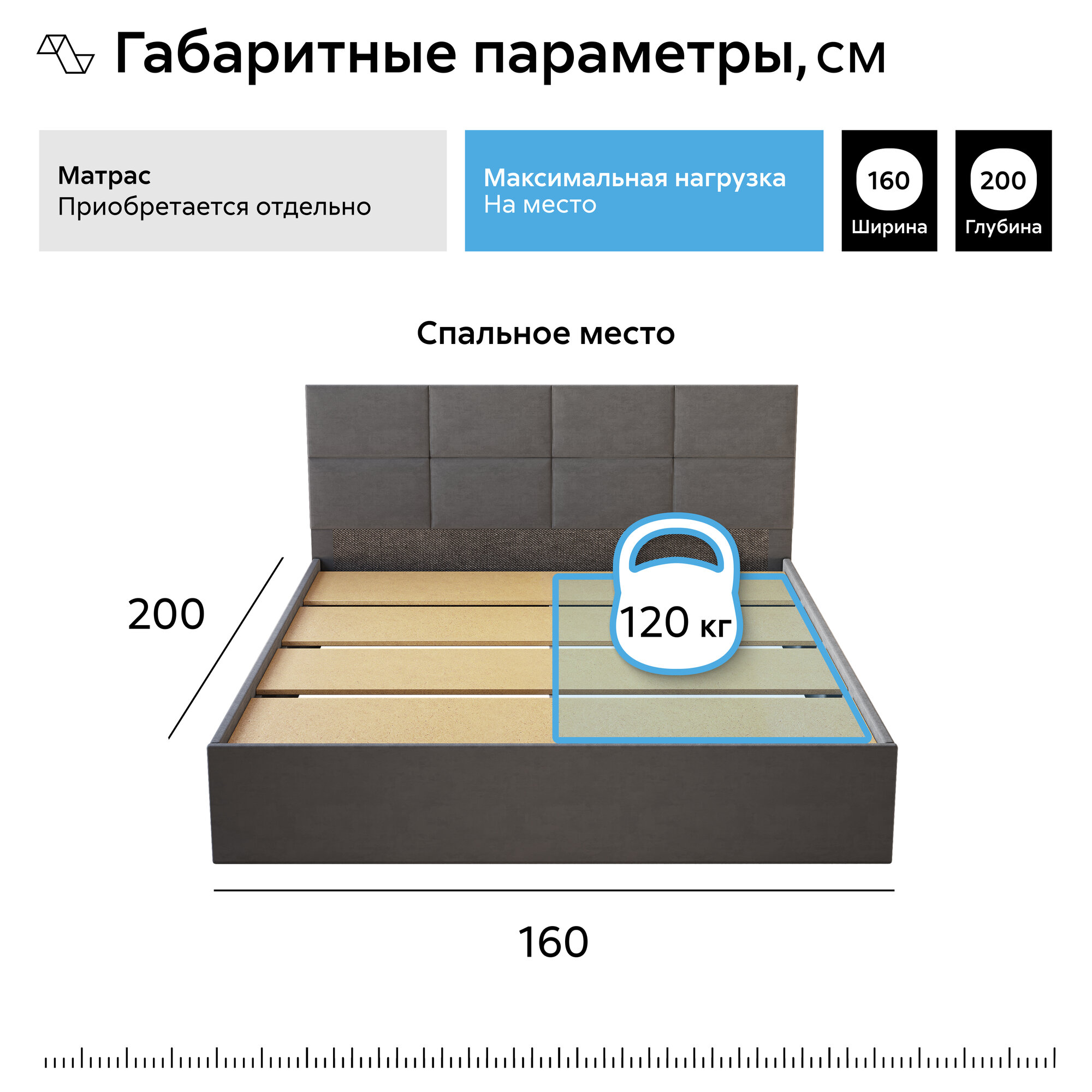 Кровать двуспальная Нонтон Веллум 160*200 см, темно-серый — фото 1