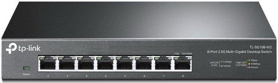 8-port Desktop 2.5G Unmanaged switch, 8 100/1G/2.5G RJ-45 ports, Fanless design, 12V/1.5A DC power supply.
