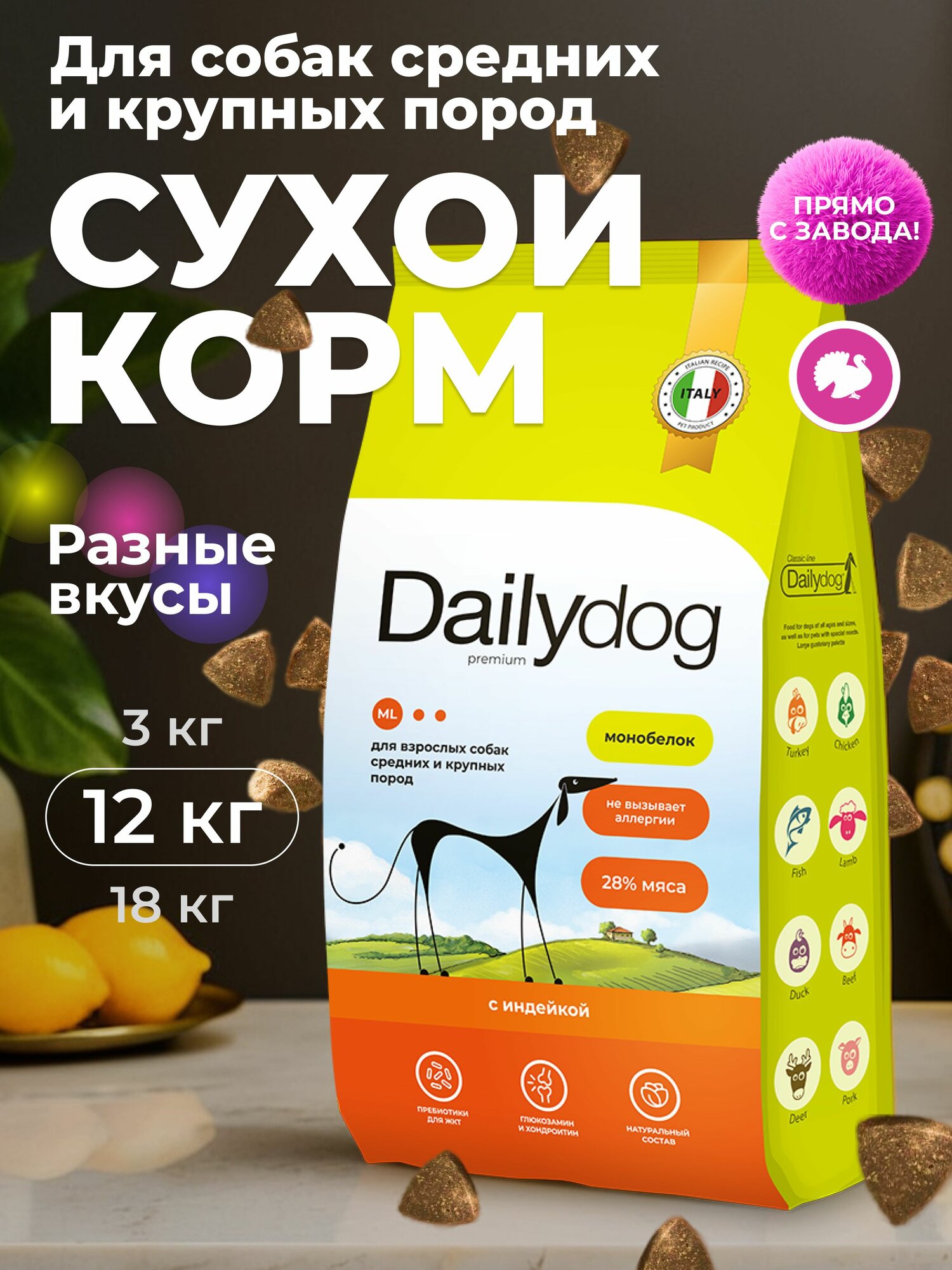 Корм сухой Dailydog для собак средних и крупных пород, с индейкой, 12 кг