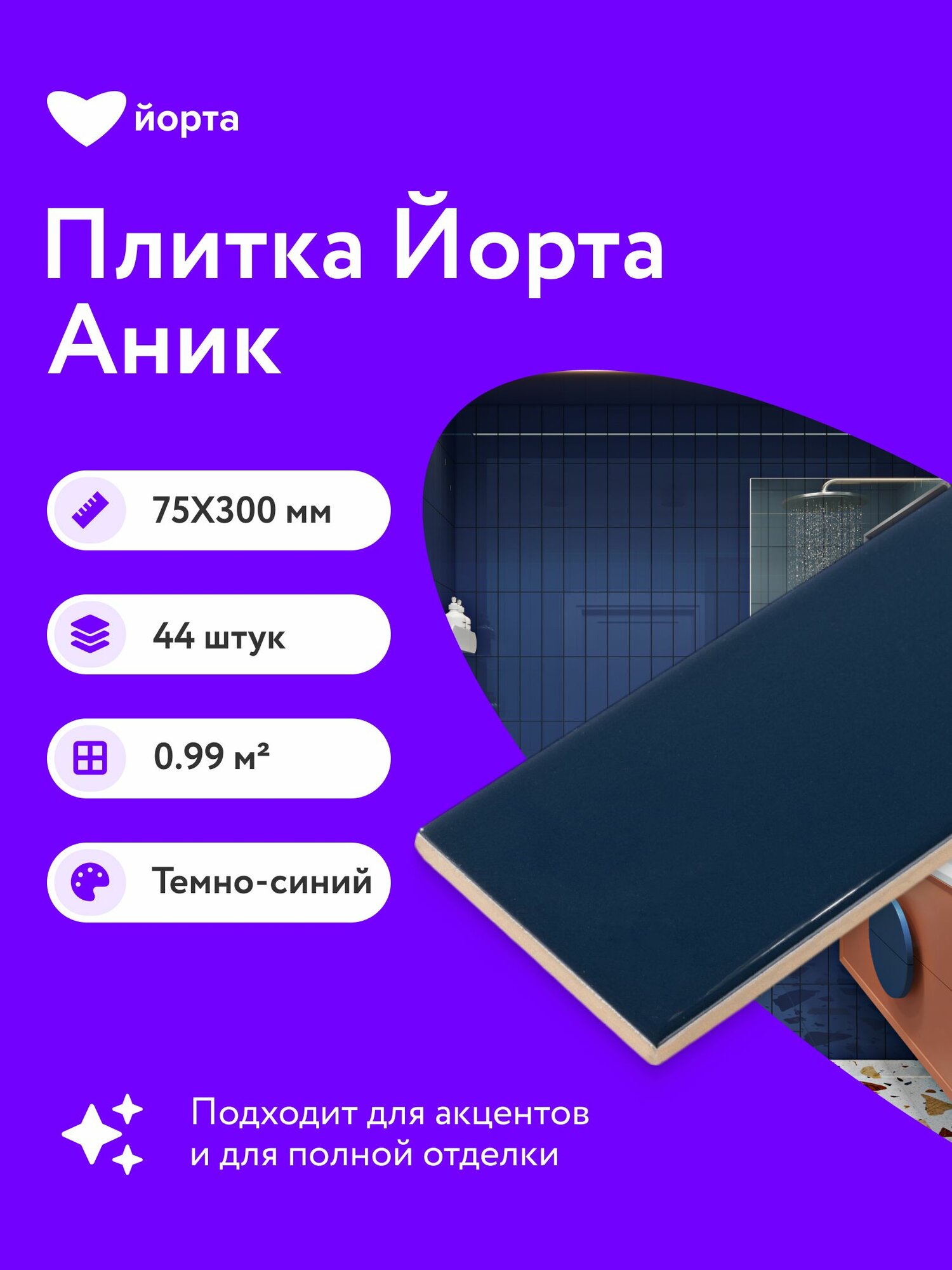 Плитка керамическая 44 шт глянцевая 30х7,5 см мелкоформатная Йорта Аник темный кобальт