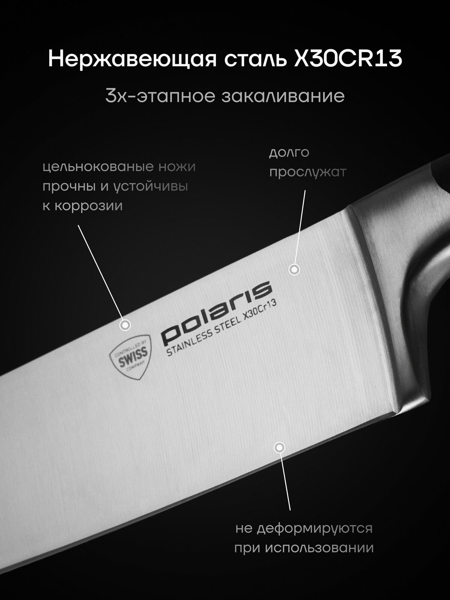Набор ножей из нержавеющей стали c точилкой Polaris Graphit-4SS Черный 4 предмета — фото 1