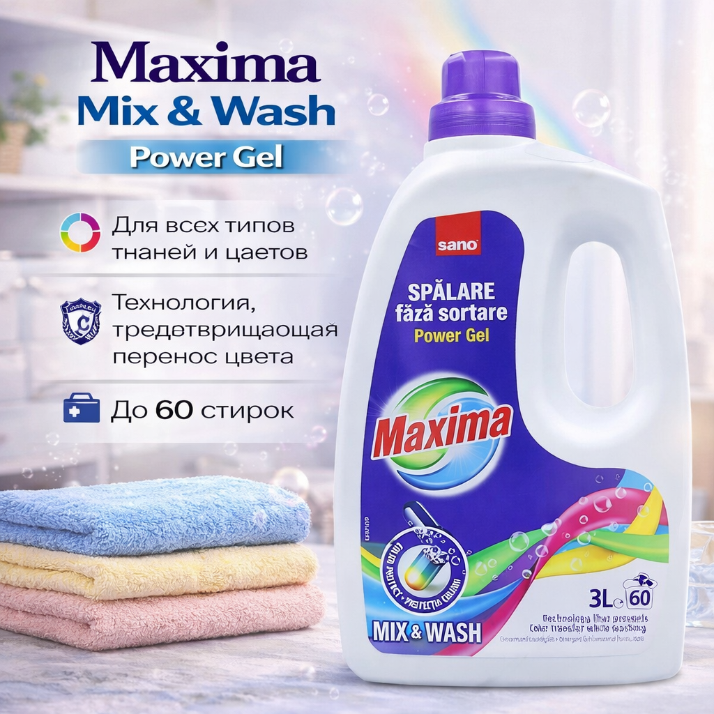 Гель для стирки SANO Maxima Laundry Mix&Wash, концентрированный, для смешанной стирки, 3л.