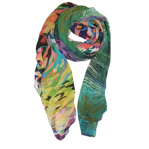 фото Шарф женский весенний, вискоза, шёлк, разноцветный, шарф-ромбы оланж ассорти(комбинированный из двух ромбов)